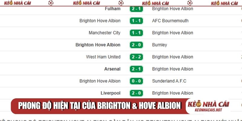 Phong độ hiện tại của Brighton & Hove Albion